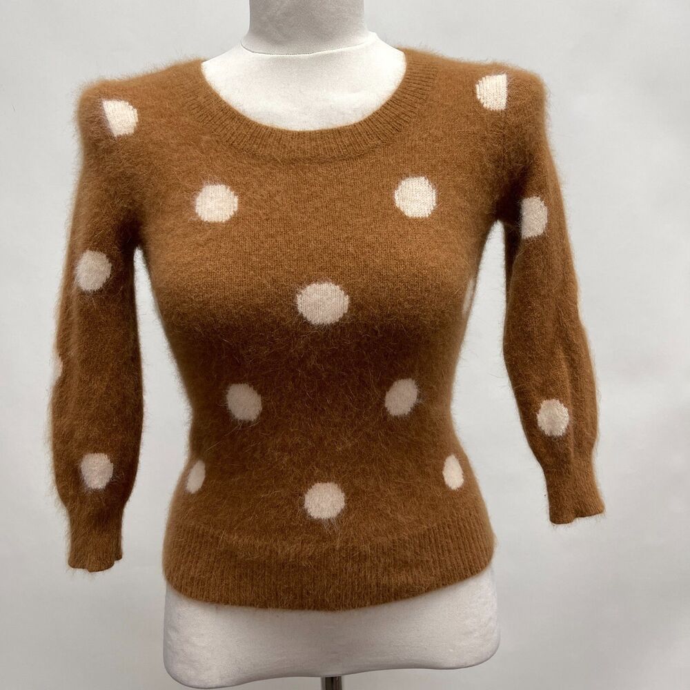 Wallace‎ Women's Sweater Small Brown White Polkadots Angora Rabbit Hair Blend